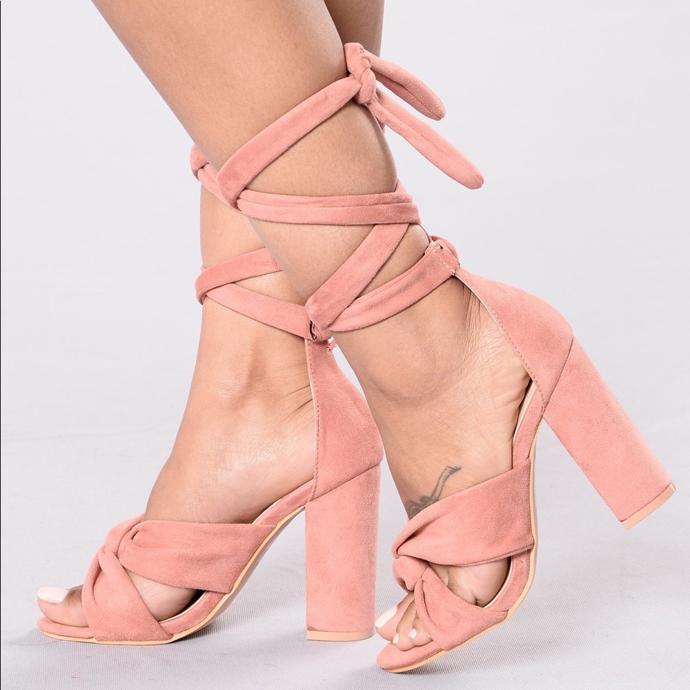 Pink Lace Up Block Heels